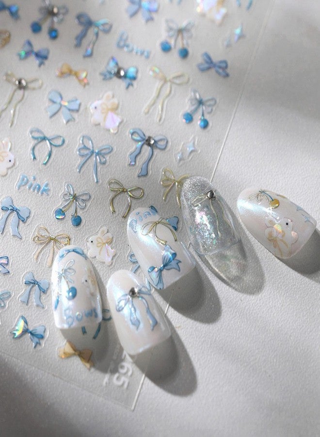 Maigitur 5D Embossed Bow Nail Stickers Blue Bow Nail Art Stickers Self-Adhesive Rabbit Nail Decals Ribbon Nail Sticker with Rhinestone Design Spring Summer Nails Supplies for Women Girls DIY Manicure - Image 1